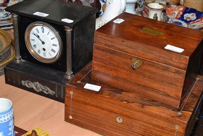 Lot 385 - A black slate timepiece, rosewood tea caddy and a rosewood writing box