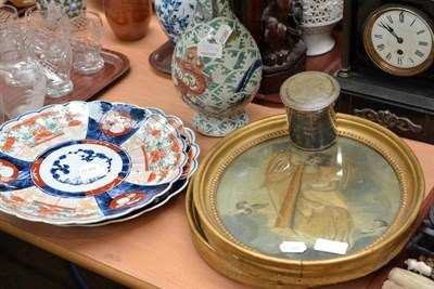 Lot 386 - Chinese porcelain lamp, two Japanese Imari chargers, silver and tortoiseshell box and two silk work