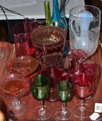 Lot 389 - Tray of ruby and cranberry glass, an engraved celery vase, Vaseline jug, etc