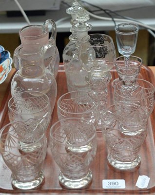 Lot 390 - Tray of assorted glassware including Mary Gregory jug and a spiral twist wine glass