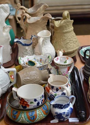 Lot 395 - Two trays of Victorian jugs, an Allertons mug, glass rolling pin, Dresden flower basket, etc