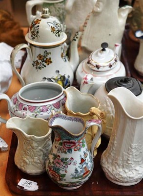 Lot 396 - Pearlware coffee pot and assorted 19th century teapots and jugs (a.f.)