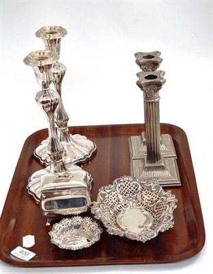 Lot 400 - Silver tea caddy, two silver dishes and two pairs of silver plated candlesticks