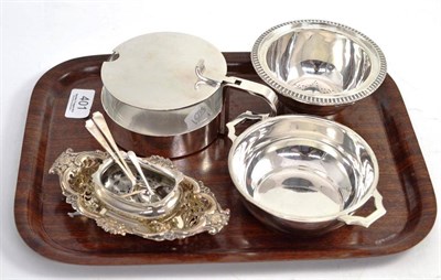 Lot 401 - Pierced silver dish, silver salt, a Christofle preserve pot, two silver spoons, a silver...