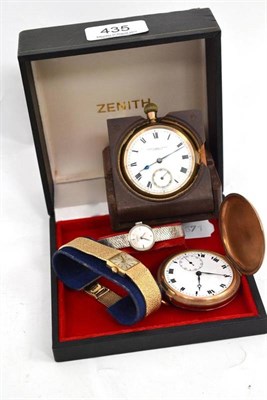 Lot 435 - A 9ct white gold Zenith Wristwatch, a Tissot 9ct gold ladies wristwatch and two gold plated...