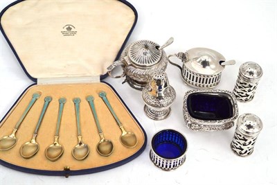 Lot 436 - A set of six silver and enamel coffee spoons and seven silver cruets including mustards,...