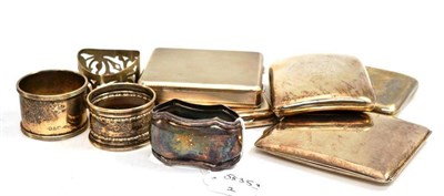 Lot 437 - Two silver cigarette cases, three engraved cigarette cases and four napkin rings