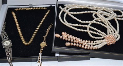 Lot 443 - A freshwater cultured pearl necklace, a lady's 9ct gold wristwatch, a costume necklace and a lady's