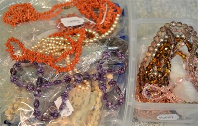 Lot 453 - Assorted necklaces including coral, amethyst, simulated pearls, ivory/ bone type materials and...