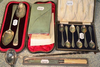 Lot 454 - Silver cigarette box, silver spirit ladle, pair of silver gilt spoons (cased) a set of six...