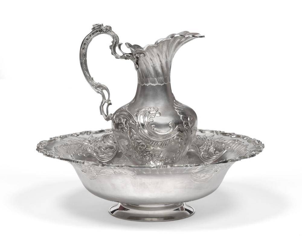 Lot 390 - A Turkish Silver Ewer and Basin, Melda, Istanbul, 20th century, the baluster ewer with a cast...