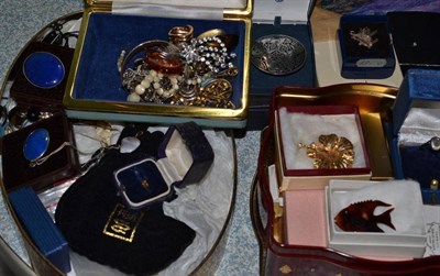 Lot 457 - A quantity of jewellery including polished gems, watches, brooches and costume jewellery in a bag