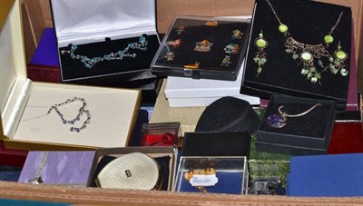 Lot 460 - A large box of costume jewellery including Magic Roundabout badges, compacts, necklaces etc