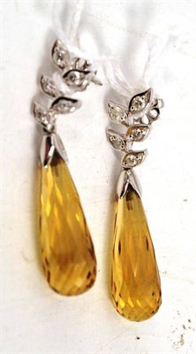 Lot 477 - A pair of citrine and diamond drop earrings, a leaf motif stud set with five round brilliant...