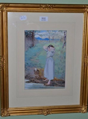 Lot 502 - Howard Helmick, mixed media, gilt framed watercolour depicting girl with basket