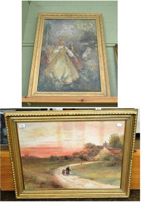 Lot 508 - Kara Viri Bedasas Rekviem, young ladies in a garden, oil on canvas and a landscape with two peasant