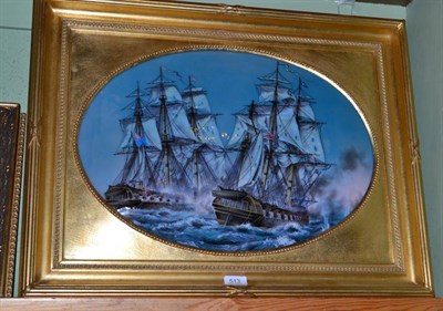 Lot 513 - A convex oval enamel plaque: engagement between British and American guns ships, War of...