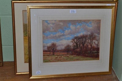 Lot 514 - J D Walker gilt framed watercolour landscape 27 x 37 cm; H Lawes framed landscape with sheep 34...