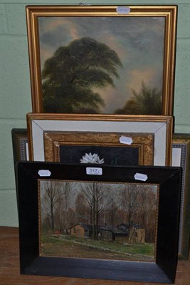 Lot 517 - A Victorian gilt framed oil signed B Davis, a framed oil on board woodland landscape, a gilt framed