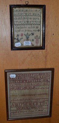 Lot 523 - Sampler by Charlotte Austin, aged 10 year, 1824; and another Angelina Burgess, aged 8 years,...