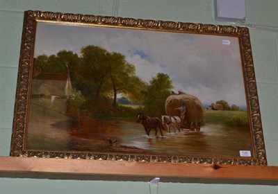 Lot 526 - B Davies oil on canvas, horses and a hay cart