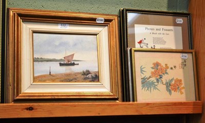 Lot 532 - Giorggio Rocca riverscape, two Christopher Curtis cartoons and two Chinese blossom prints (5)