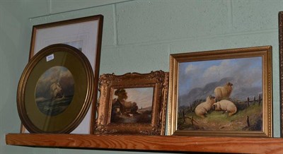 Lot 542 - A 19th century oil on canvas of sheep, oil on panel of a landscape, oil of a ship and a watercolour