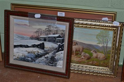 Lot 546 - Oil - sheep in pasture, another oil 'Bottom Farm, Haworth'  and a print 'The Corpse Way' (3)