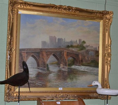 Lot 548 - C E Taylor, oil on canvas, depicting bridge over river, in gilt swept frame, 75x90cm