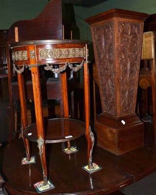 Lot 599 - A carved oak stand and a two-tier burr walnut and rosewood occasional table