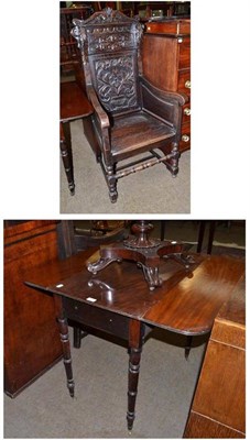 Lot 606 - Mahogany drop-leaf table, carved oak Wainscott style chair and a mahogany sideboard pedestal