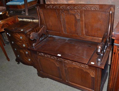 Lot 607 - Reproduction oak monk's bench and reproduction mahogany narrow chest of drawers