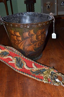 Lot 628 - A fire bucket decorated with two galleons and a pelmet tie back