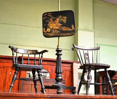 Lot 681 - 19th century chinoiserie pole screen and two ebonised children's chairs