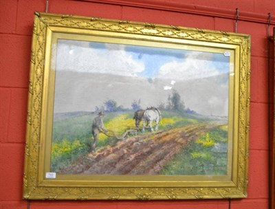 Lot 753 - S.Mitchell gilt framed watercolour depicting a farmer and two horses ploughing a field, Wild...