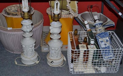 Lot 756 - A pair of Bavarian bisque table lamps, assorted table lamps and shades