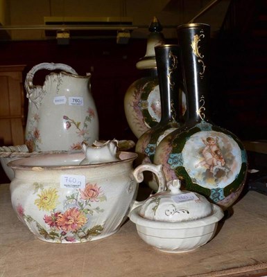 Lot 760 - Victorian wash set and a set of three glass vases decorated with putti