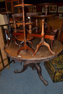 Lot 814 - Three mahogany tripod tables; mahogany cake stand; oak stool; bed tray; oak breakfast table;...