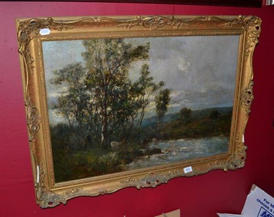 Lot 856 - English school 19th century gilt framed oil on canvas river landscape