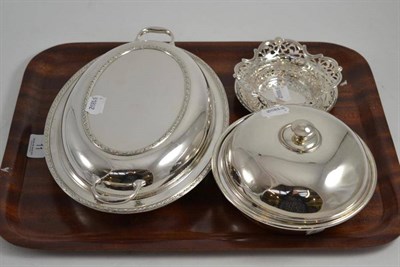 Lot 11 - A small silver stand, plated muffin dish, an entree dish and a bonbon dish