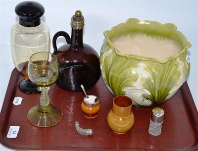 Lot 14 - A small Christopher Dresser Linthorpe vase, Linthorpe mustard pot and spoon, amber glass...