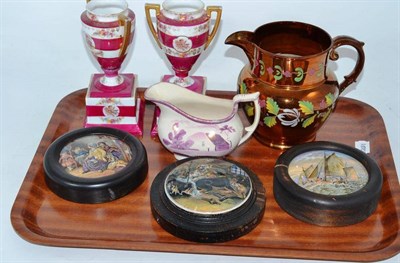 Lot 15 - Three pot lids, lustre jug, copper lustre jug and two Continental urns