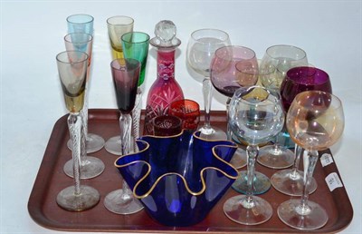 Lot 16 - Six twisted stem glasses, cranberry decanter, nine wine glasses, two small cranberry glasses...