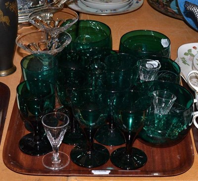 Lot 37 - A collection of glass including green tinted rinsers and wine glasses