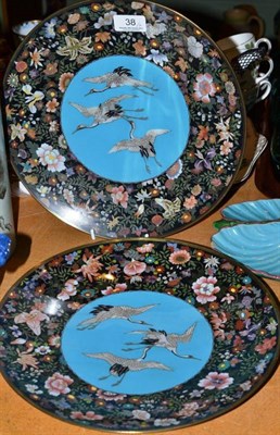 Lot 38 - A pair of Japanese cloisonne enamel circular dishes/plaques decorated with three cranes and...