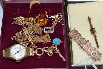 Lot 115 - Two bar brooches, a lady's wristwatch, a fob pendant on chain, chains etc