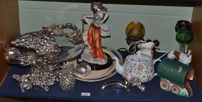 Lot 128 - A shelf including a Royal Worcester 'Gypsy Bow Top at Appleby Fair' caravan; a modern lamp; two...