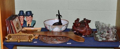 Lot 139 - A shelf of ornamentals, etc including a pair of Chinese water buffalo and stand, a Chinese bowl, an