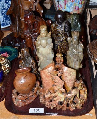Lot 166 - Nine various Chinese hardwood and soapstone figures and two soapstone vases