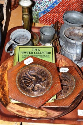 Lot 173 - Four pewter measures, a brass candlestick, a pair of small Arts & Crafts style copper plaques,...